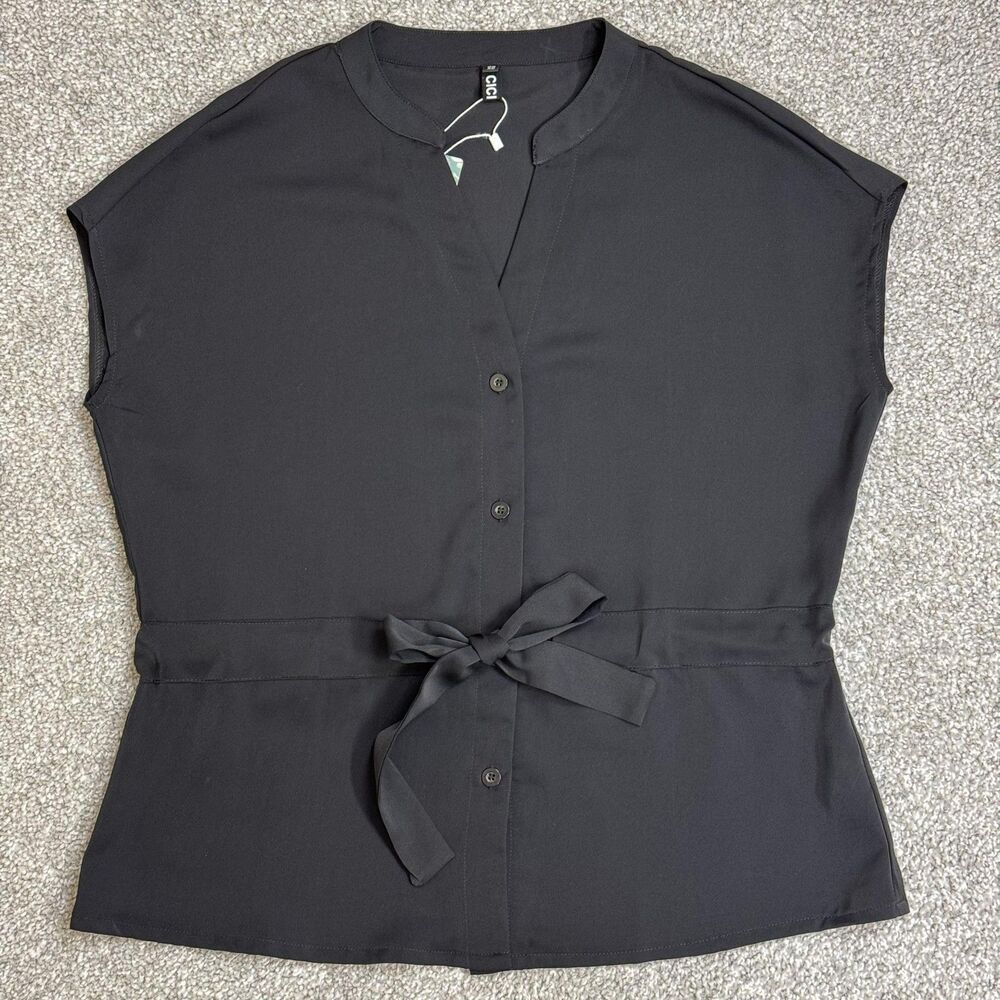 CiCiBird Blouse Womens XS Black Button Front Belted V Neck Basic Work Officewear